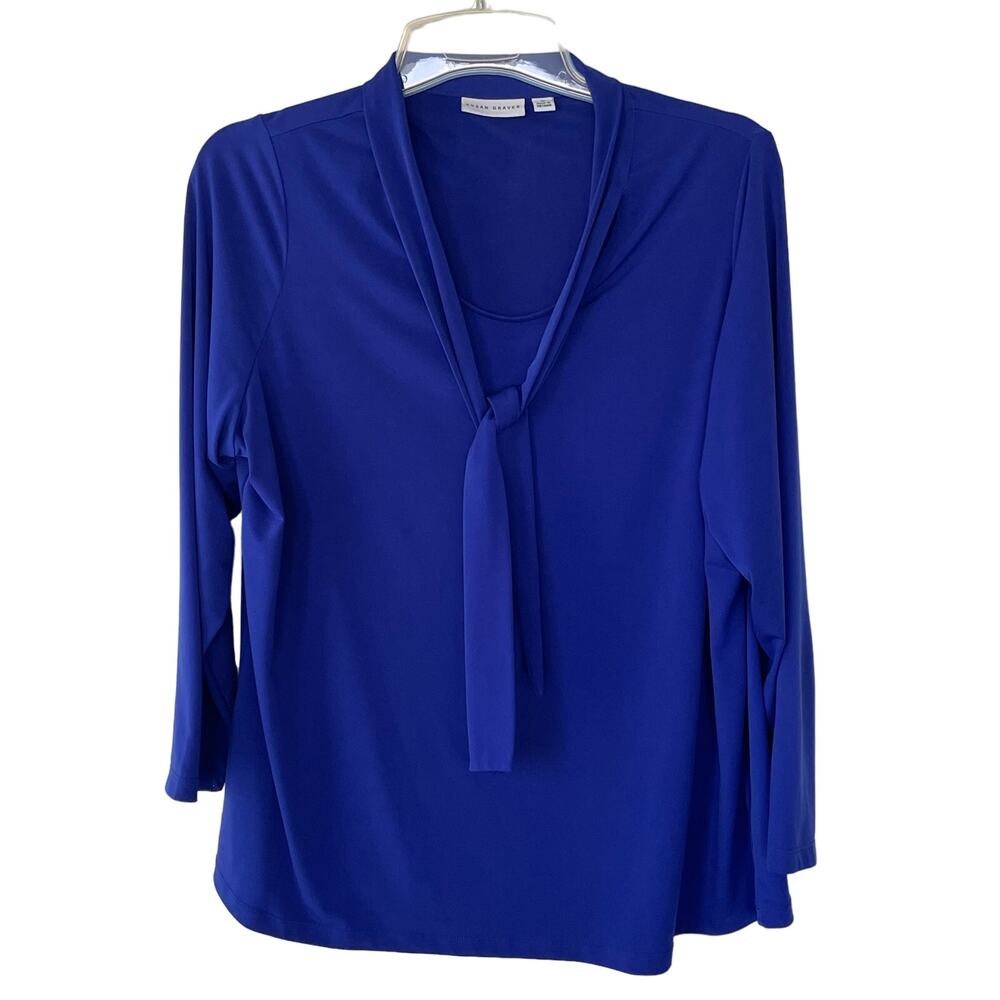 Susan Graver Liquid Knit Size 1X Blue Tie front blouse